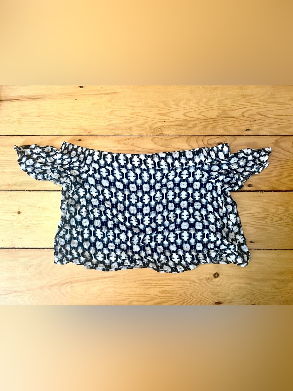 Aqua Black and White Off-Shoulder Smocked Crop Top